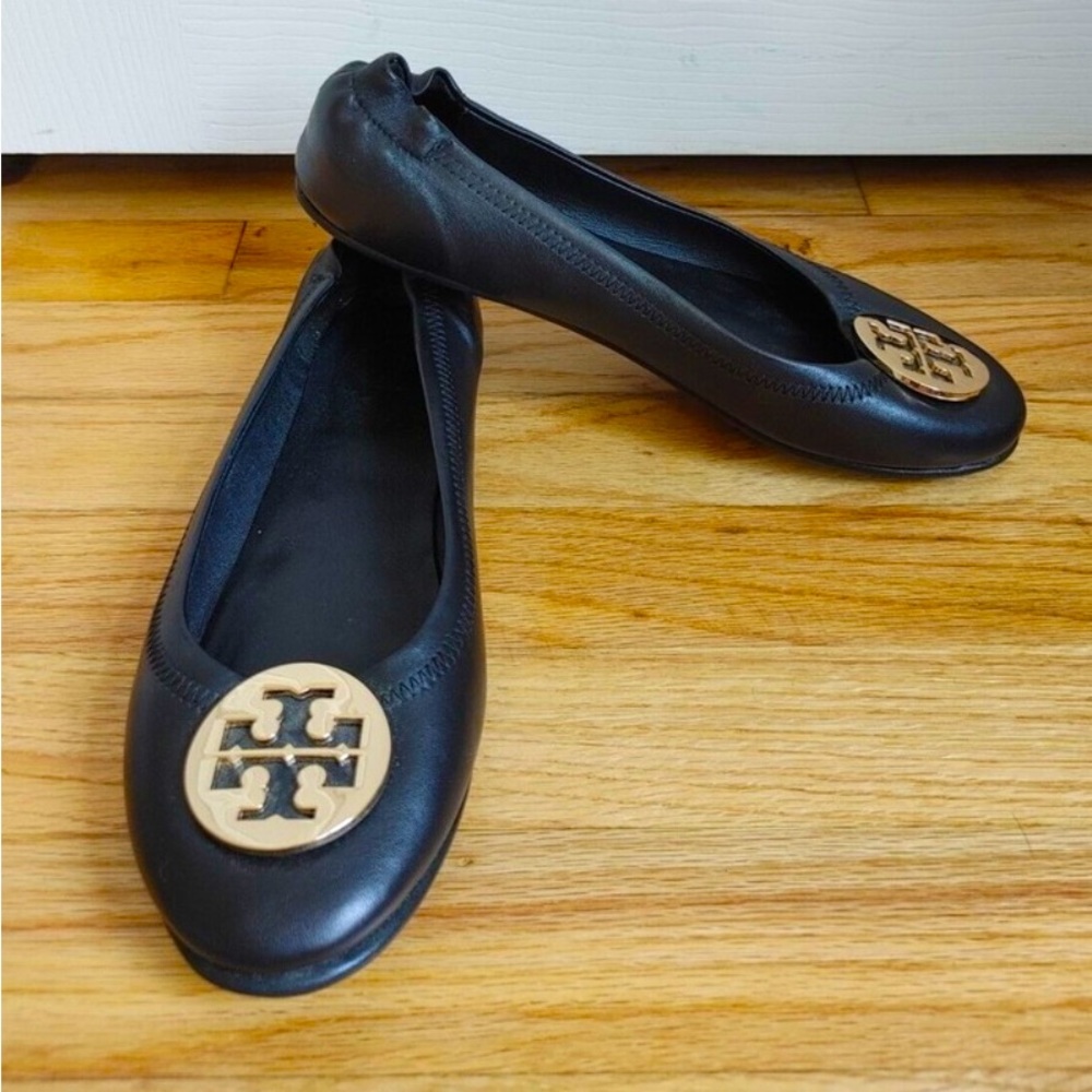 Tory Burch Minnie Travel Ballet Womens 11M Slip Black Leather Gold Logo